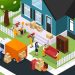 Relocation isometric composition with people and stuffs near house, loading furniture and boxes in truck vector illustration