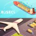 Isometric logistic horizontal compositions set with views of cargo ship upon the sea and freighter aircraft vector illustration