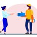 Courier delivering package to customer. Young woman receiving parcel flat vector illustration. Hand delivery, shipping service, online order concept for banner, website design or landing web page